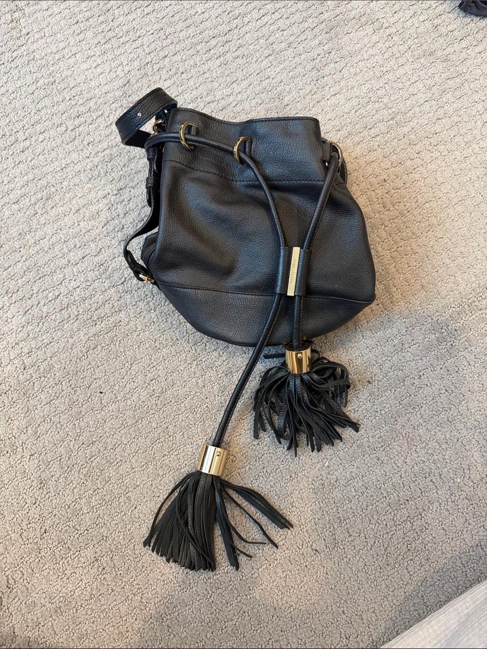 Black Leather Tassel Drawstring Bucket Bag
